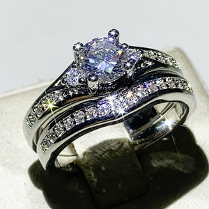 Conjunto de Joyería Nupcial T0682 para Mujer, Anillo de Compromiso de Oro Blanco con Diamantes, Corte Brillante Redondo, Engaste de Garra, Conjuntos de Joyería Fina - Product Image 2
