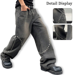 YUCE Jeans Vintage da Uomo all'Ingrosso, Modello Baggy in Denim Lavato a Sabbia, Gamba Curva, Stile Ballon con Borchie e Rivetti, Jeans Personalizzati Punk - Product Image 5