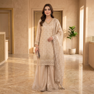 Conjunto de Kurti Sharara Gharara de Seda Bordado con Lentejuelas de Diseño Indio, Cosido a Mano, para Venta al por Mayor, Estilo Antra, para Invierno, Diwali, Bodas y Fiestas - Product Image 1