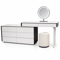 Ensemble coiffeuse avec armoire latérale à 6 tiroirs, miroir LED à 3 couleurs de lumière, coiffeuse en bois multicouche à ouverture par pression pour chambre à coucher