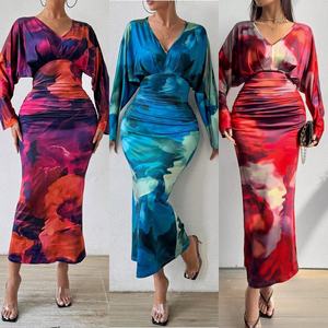 Hot Selling Frühling New V-Ausschnitt Plissee Frauen Sexy Slim Fit Batball Ärmel Kleid Abend Party Kleid - Product Image 2