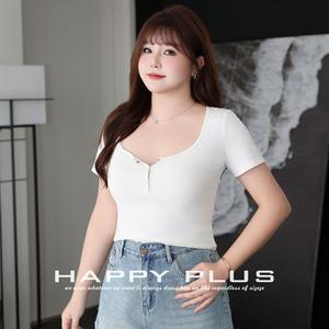 แฮปปี้ พลัสเสื้อยืดแขนสั้นผู้หญิงทรงสลิมฟิตพร้อมกระดุมสีทึบผ้าฝ้ายถักทอไซส์ใหญ่ N8845 - Product Image 1