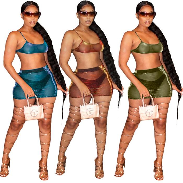 Женщины Спагетти ремень Сияющий загар отвесные сексуальные обнаженные платье, комплект из 2 предметов, наряд прозрачная коричневого цвета из сетчатой ткани на лямках комплект из двух предметов комплект с юбкой и футболкой комплект одежды