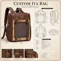 Sac à dos Ita Bag de voyage vintage personnalisé en cuir PU marron foncé avec patch rose de la boussole gaufré antique et doublure carte vintage