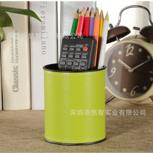 PU leather round pen <b>holder</b>, creative office leather pen <b>holder</b>, candy-colored <b>makeup</b> brush storage bucket - Product Image 1