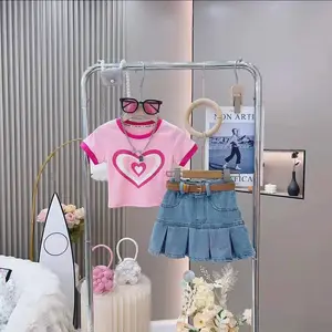 2023 Summer Girls 2 pcs Short Set Cute Teenagers Pink Heart Print Shirt + Pleated Jean Skirt 5-15 Years