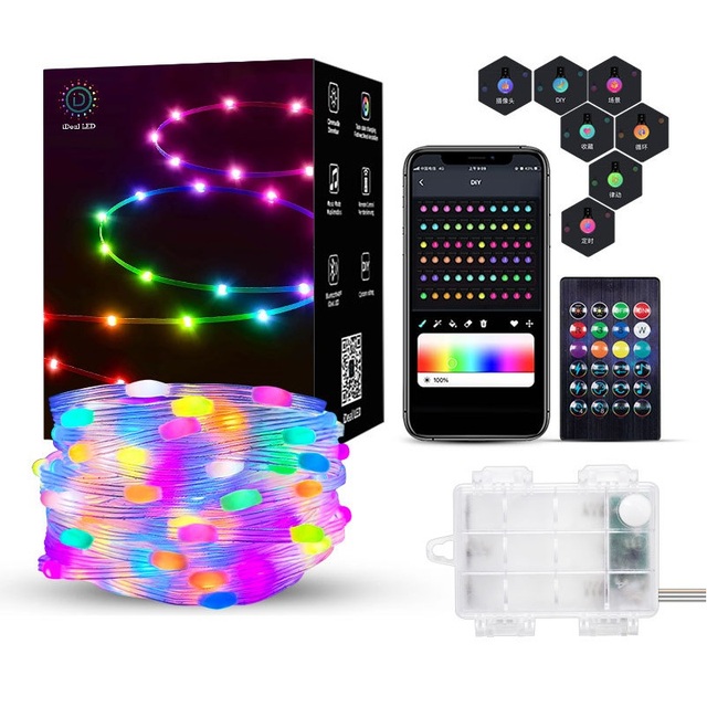 Battery Operated App Controlled Music Sync Multicolor Christmas Party RGB Smart Fairy String Lights with Remote