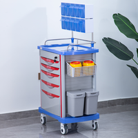 Chariot d'anesthésie hospitalier ABS avec 5 tiroirs, chariot à médicaments d'urgence avec boîtes de séparation pour médicaments, poubelle, roues silencieuses avec frein