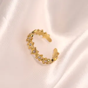 Cincin terbuka pernyataan berlian berkilau baru cincin terbuka baja tahan karat berlapis emas 18k cincin bintang zirkon berlapis tahan air