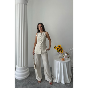 Conjunto de chaleco y pantalón de lino para mujer, sin mangas, pantalón de pierna ancha, atuendo informal, estilo veraniego - Product Image 3