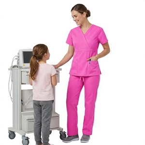 Conjunto de uniforme médico unisex rosa con cuello en V, pantalones de trabajo para hospital, tejido sin costuras de poliéster, rayón y spandex con detección de agujas - Product Image 1