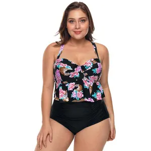 2019 New Arrival Women Plus Size Bikini Big Size Bikini Floral Print Ruffled Bikini High Waist Swimsuit Back Cross Swimwear