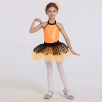 Gaun Tutu Balet Anak Warna Oranye dengan Kerah Halter, Berlapis, Bermotif Titik Hati untuk Pertunjukan Jazz & Tap, Pakaian Tari Panggung Honeybee
