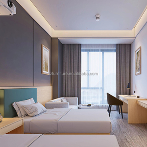 Juego de dormitorio doble moderno y económico para hotel con base de madera, cabecero tapizado y mesita de noche para proyectos comerciales de 3 estrellas - Product Image 3