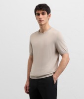 T-shirt en maille fine pour homme printemps-été, beige, coton, manches courtes, col rond, bord roulé, pull, vente en gros, OEM