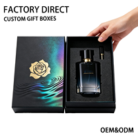 Boîte cadeau rigide pour parfum avec couvercle et base noirs personnalisés, thème floral en feuille d'or, emballage en carton avec insert en mousse EPE