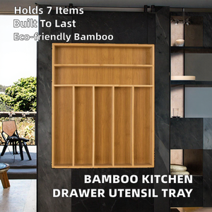 Organisateur de tiroir de cuisine moderne en bois, porte-vaisselle et porte-couverts, plateau de rangement rectangulaire avec 7 emplacements - Product Image 2