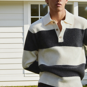 Pull en maille à col polo pour homme, à rayures fines, à boutons, demi-grille, automne et hiver - Product Image 1