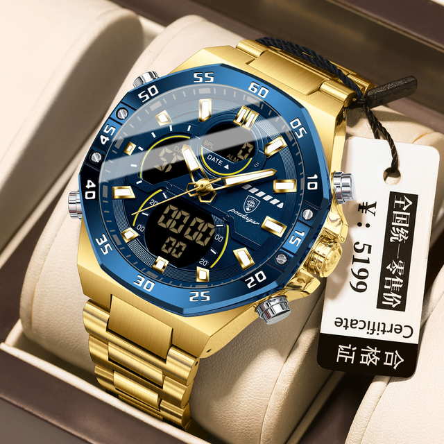POEDAGAR E101 Watch for Men with Stainless Steel Band 3ATM Waterproof Watch Analog-Digital Dual Movement Multifunctional Watch