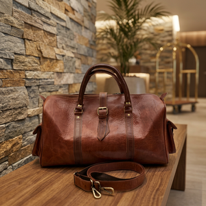 Sac de voyage classique en cuir véritable pour homme, avec poignée souple, fermeture éclair, style durable, roulettes intégrées, multifonction - Product Image 5
