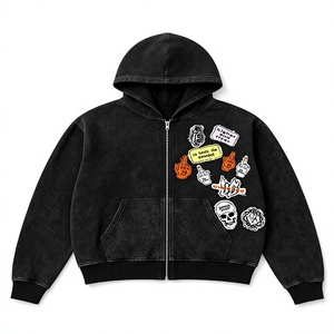 Sudadera con capucha extragrande para hombre, con cremallera, estampado patchwork negro, estilo urbano, logo frontal, para otoño, corte regular, algodón French Terry - Product Image 1