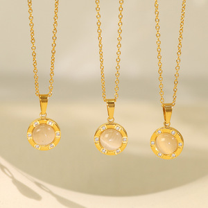 Collar con colgante de ojo de gato estilo europeo, chapado en oro de 18k, cadena de clavícula geométrica redonda de acero inoxidable para mujer, regalo. - Product Image 1