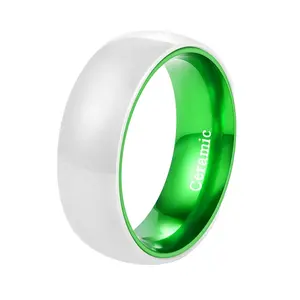 POYA Men's Wedding Jewelry 8mm White Ceramic Ring with Green Aluminum Interior Comfort Fit