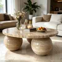 Table basse ronde moderne en pierre naturelle, base en marbre beige travertin, 3 boules, pour salon