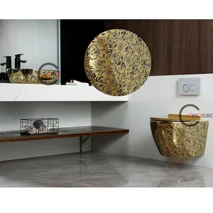 Luxury Flower Design Electroplated Bathroom Toilet Basin sanitary ware suite Black Gold Rimless Ceramic Wall Hung Toilet