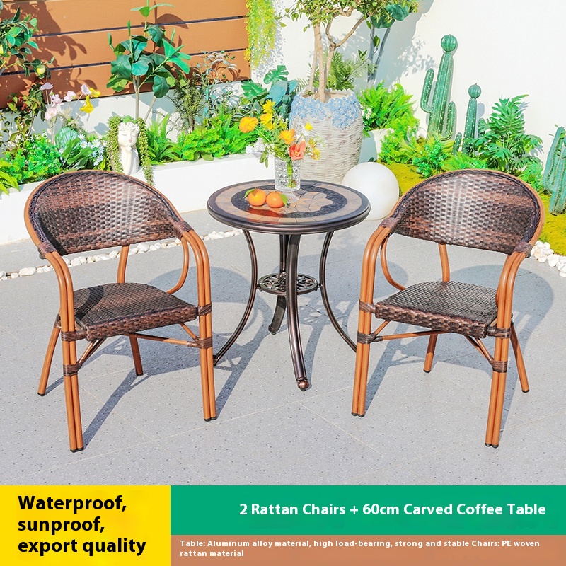 Mesa de té tallada de ratán de 60 cm con 2 sillas