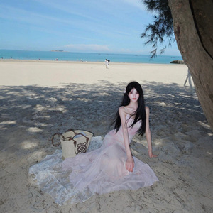 French Style Lazy Beach Vacation Pink Tie Dye Sundress Women Summer Long Dress Breathable Casual Cover Up - Product Image 1