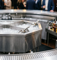 Îlot de bar circulaire commercial moderne en acier inoxydable avec système de stockage intégré et mobilité, pour une perspective de barman à 360 degrés