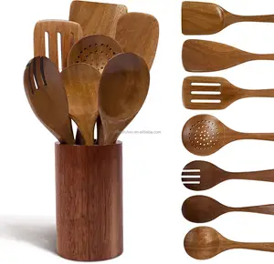 Peralatan dapur peralatan memasak dari kayu tidak lengket Set peralatan bambu dengan sendok, spatula, pembalik, penjepit, tempat perkakas