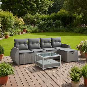 Ensemble de canapés de jardin en rotin gris avec verre trempé et acier thermolaqué, mobilier d'extérieur au design contemporain - Product Image 2