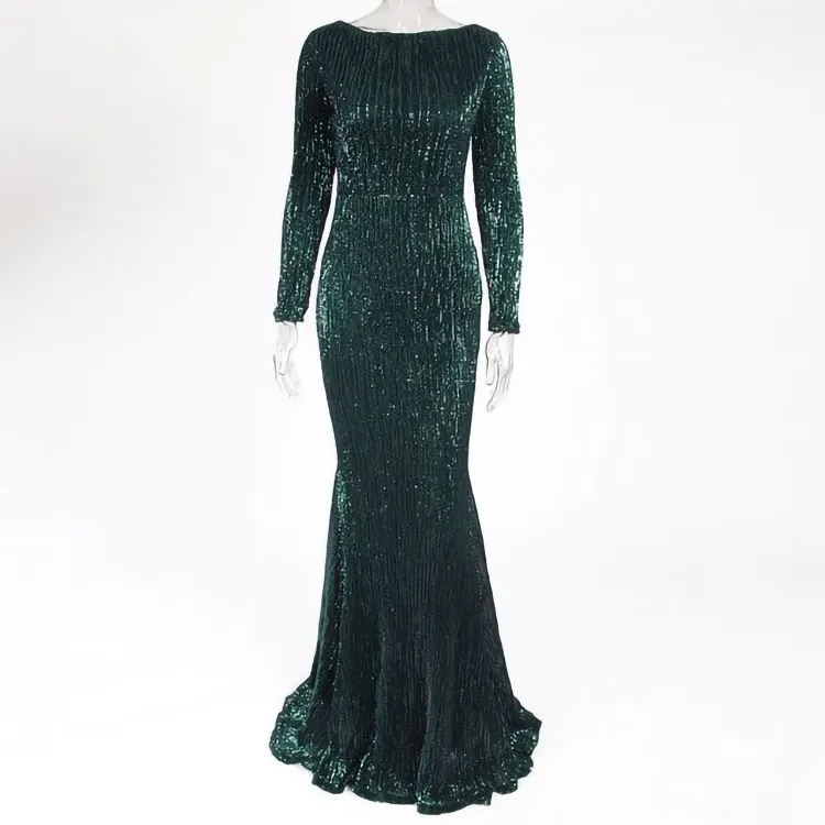 Custom Women's Evening Party Dress Sequined Decoration O-Neck Gowns Long Sleeve Floor Length Long Dresses Women