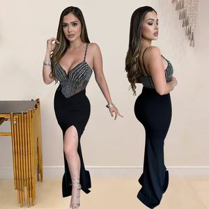 CY901383 Usine <span class=keywords><strong>Pas</strong></span> <span class=keywords><strong>Cher</strong></span> Prix Femme Chic Sexy Slip <span class=keywords><strong>Robe</strong></span> 2024 <span class=keywords><strong>Longue</strong></span> Maxi <span class=keywords><strong>Robe</strong></span> Noire Avec Strass <span class=keywords><strong>Robe</strong></span> - Product Image 1