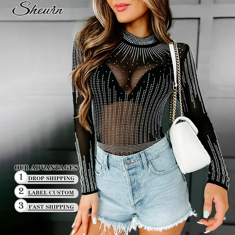 Wholesale Fashion Fall Outfit Women One Piece Sheer Mesh Turtleneck Velvet Body Suit Sexy Bodysuit Top