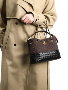 Fashionable High-end Women's Woven Shoulder Bag Two-Tone Brown Suede Shoulder Bag with Chain Strap <b>Lock</b> Closure bucket handbags - Product Image 1