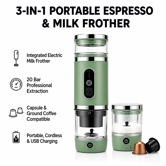 Kingze Fully Automatic Rechargeable Portable Espresso Coffee Maker Smart Capsule Machine with Milk Foam