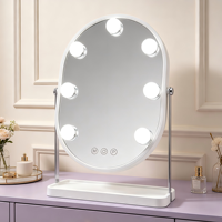 Oval LED Lighted Vanity Mirror Touch Switch Metal Frame 1X Magnification 7 Dimmable LED Lights Storage Tray USB Rechargeable