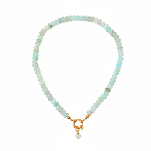 Collana Artigianale con Perle di Acquamarina e Chiusura a Scatto Placcata in Oro Vero, Gioielli Estivi da Spiaggia in Acciaio al Titanio - Product Image 5