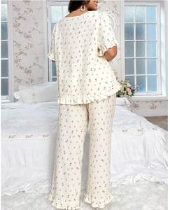 <strong>Plus</strong> <strong>Size</strong> Women's Pajama Oversize Sleepwear Large Rose Printed Pajamas for Women <strong>Set</strong> Square Neckline &amp; Bow Tie <strong>Loungewear</strong> <strong>Set</strong> - Product Image 4