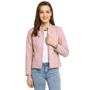 Women Rose Leather Jacket Collarless Stand Neck <b>Zipper</b> Casual Real Leather Short <b>Coat</b> Outerwear Women Rose Leather Jacket - Product Image 1