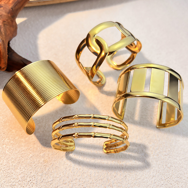 Cuff Bangle Chunky Geometric Open Design 18K Gold Plated Stainless Steel Waterproof PVD Non Tarnish Daily Wear Party Gift
