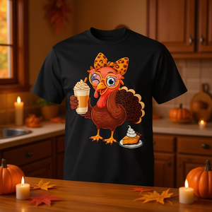 T-shirt con stampa leopardata del caffè e della tacchino del Ringraziamento, design unisex per adulti - Product Image 3