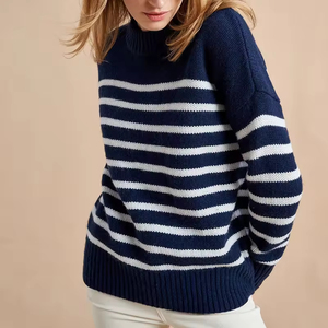 Maglione elegante a collo alto a righe larghe da <span class=keywords><strong>donna</strong></span> nero Pullover a maniche lunghe a collo alto lavorato a maglia a righe bianche nere - Product Image 5