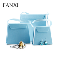 FANXI Boîte à bijoux Pendentif Bracelet Longue chaîne Papier de lin bleu Boîte à bijoux en papier de spécialité avec poignée