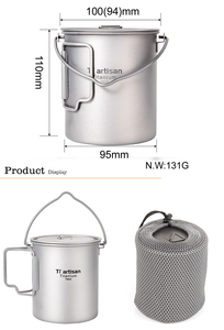 Taza de titanio para camping al aire libre de 750 ml y juego de estufa de alcohol sólido con cuchara-tenedor plegable, olla de titanio con mango desmontable y taza de agua - Product Image 5
