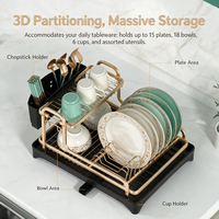Égouttoir à vaisselle double moderne multifonctionnel en aluminium doré, sans rouille, avec bec de vidange automatique, gain de place, organisateur d'évier de cuisine