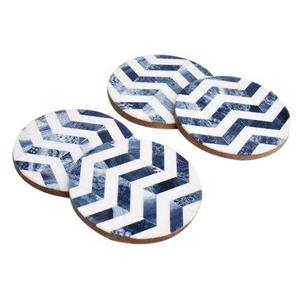 Sous-verre rond en noyer incrusté d'os fait à la main avec tapis décoratifs à motif géométrique Chevron bleu et blanc - Product Image 4